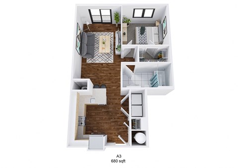 Floor plan for 1 bed, 1 bath, 693 sqft